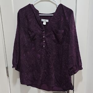 CJ Banks Deep Purple Paisley Henley Blouse